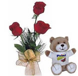 A cuddly teddy with 3 roses. Just the best way to sweep her feet from the floors.