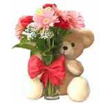 Send this hand tied bouquet of 6 bright Gerberas with this cute 6 inches teddy bear to Celebrate any Occasion.